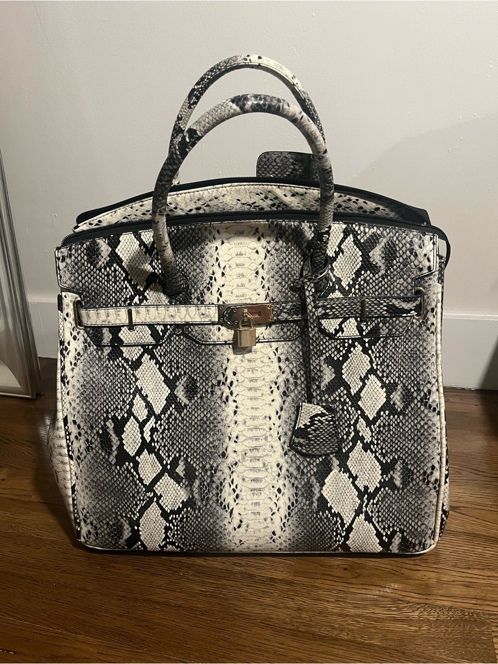 Structured Python-Print Travel Satchel - Black & White